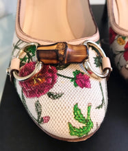 Load image into Gallery viewer, GUCCI Floral Canvas Leather Multicolour Bamboo Horsebit Mid Heel Pumps
