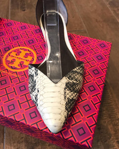TORY BURCH Snake Print Pointed Toe Leather Flats