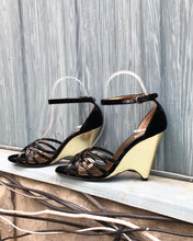 Load image into Gallery viewer, MIU MIU Patent Leather Velvet Gold Wedge Heels
