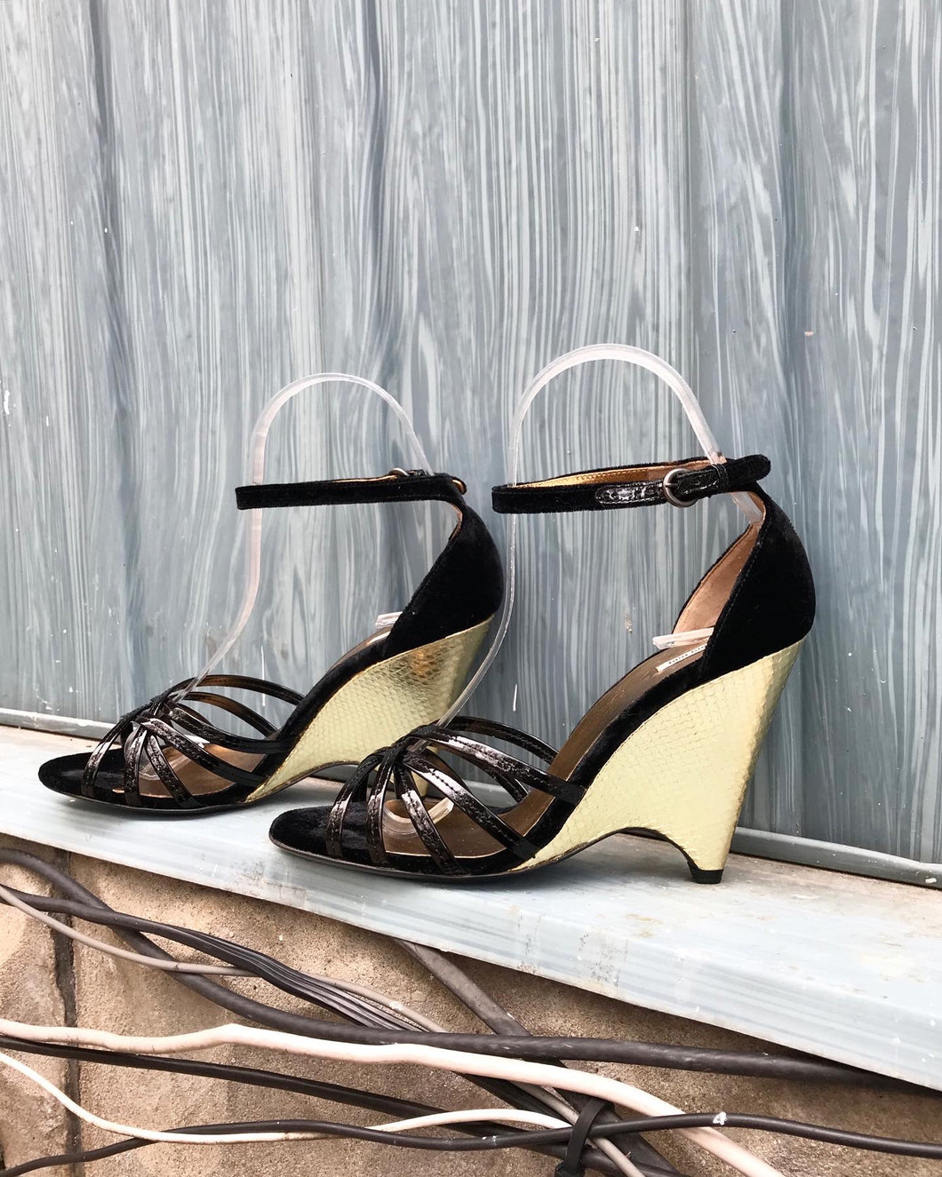 MIU MIU Patent Leather Velvet Gold Wedge Heels