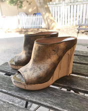 Load image into Gallery viewer, MAISON MARTIN MARGIELA Distressed Leather Wooden Heel Wedges In Gold Paint Drip Design
