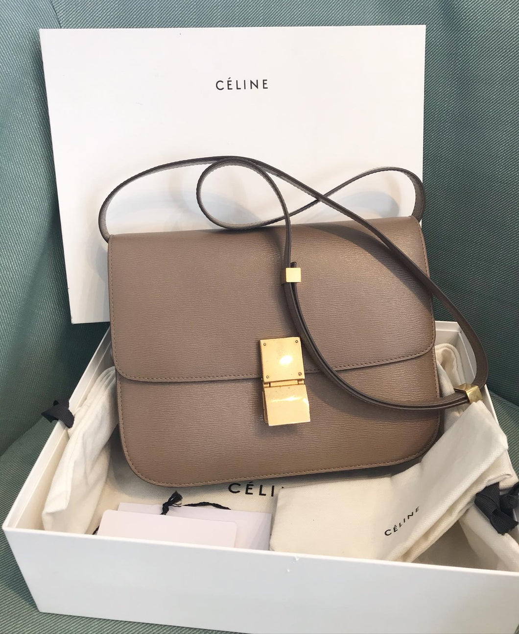 CELINE Classic Liege Taupe Calfskin Medium Box Bag