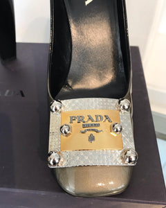 PRADA Patent Leather Logo Plate Square Toe High-Heel Pumps