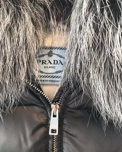 PRADA Puffer Down Coat With Silver Fox Fur Collar and Detachable Hood