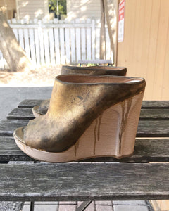 MAISON MARTIN MARGIELA Distressed Leather Wooden Heel Wedges In Gold Paint Drip Design
