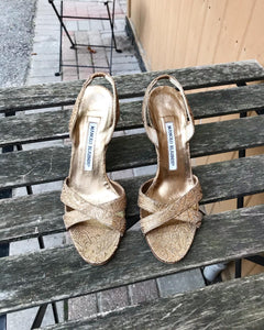 MANOLO BLAHNIK Gold Fabric Heels