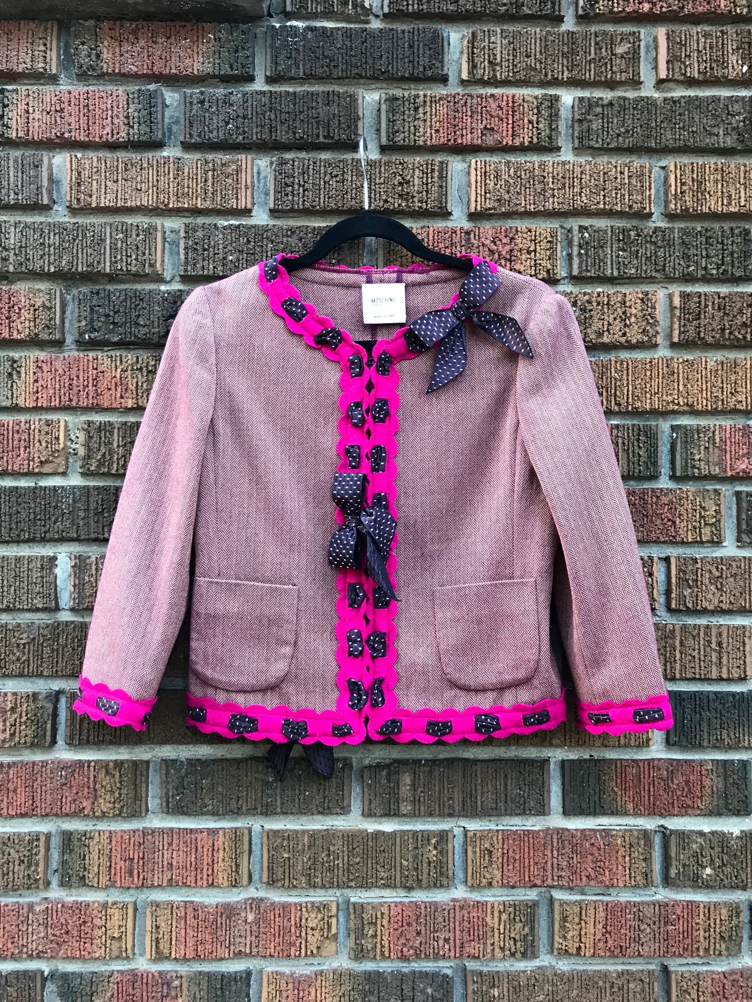 ESCADA Vintage Boucle Tweed Pinks Velvet Trim Jacket Blazer Sz 46 Large