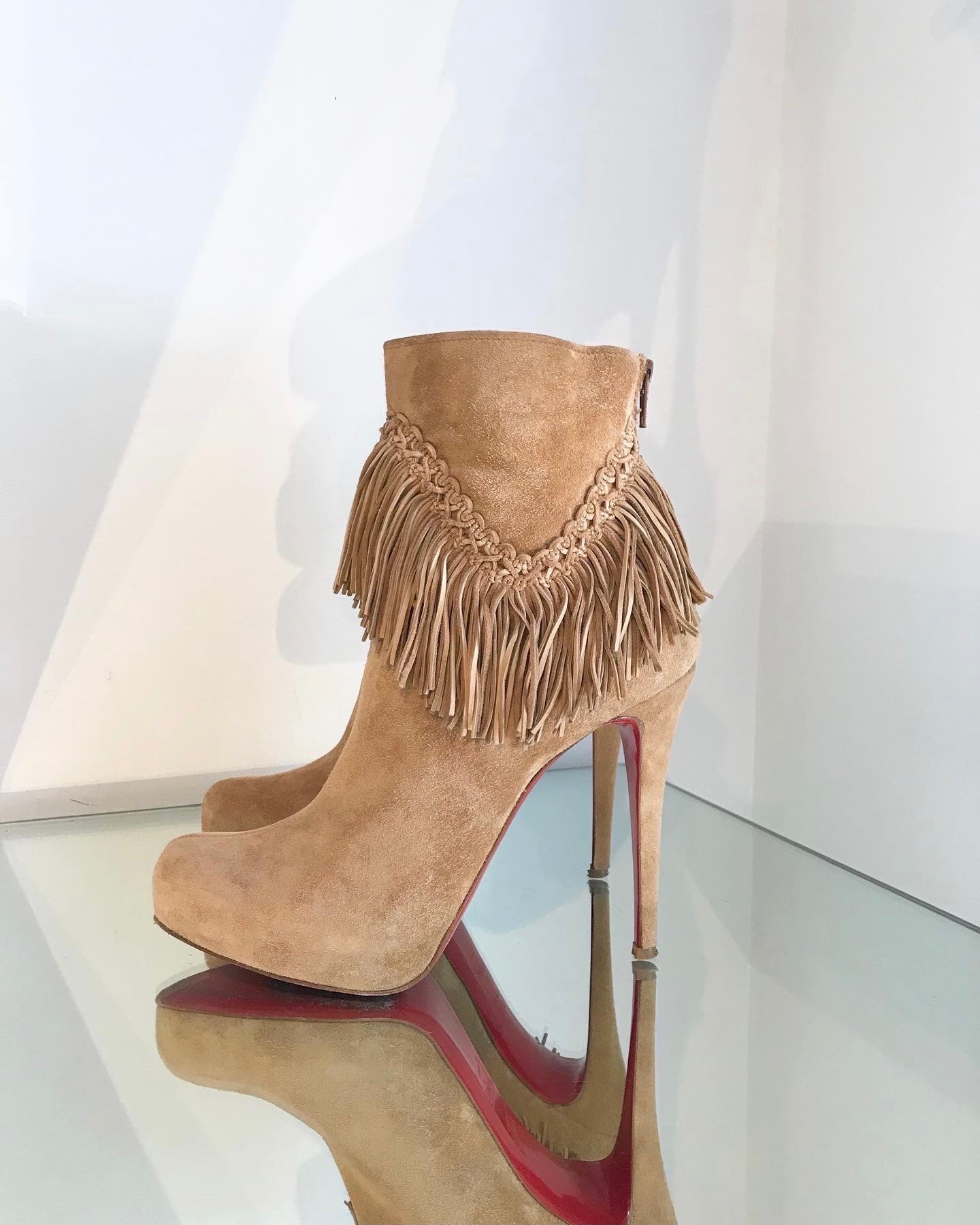 Christian Louboutin 2019-20FW Studded Street Style Leather Fringes Logo  Boots Boots